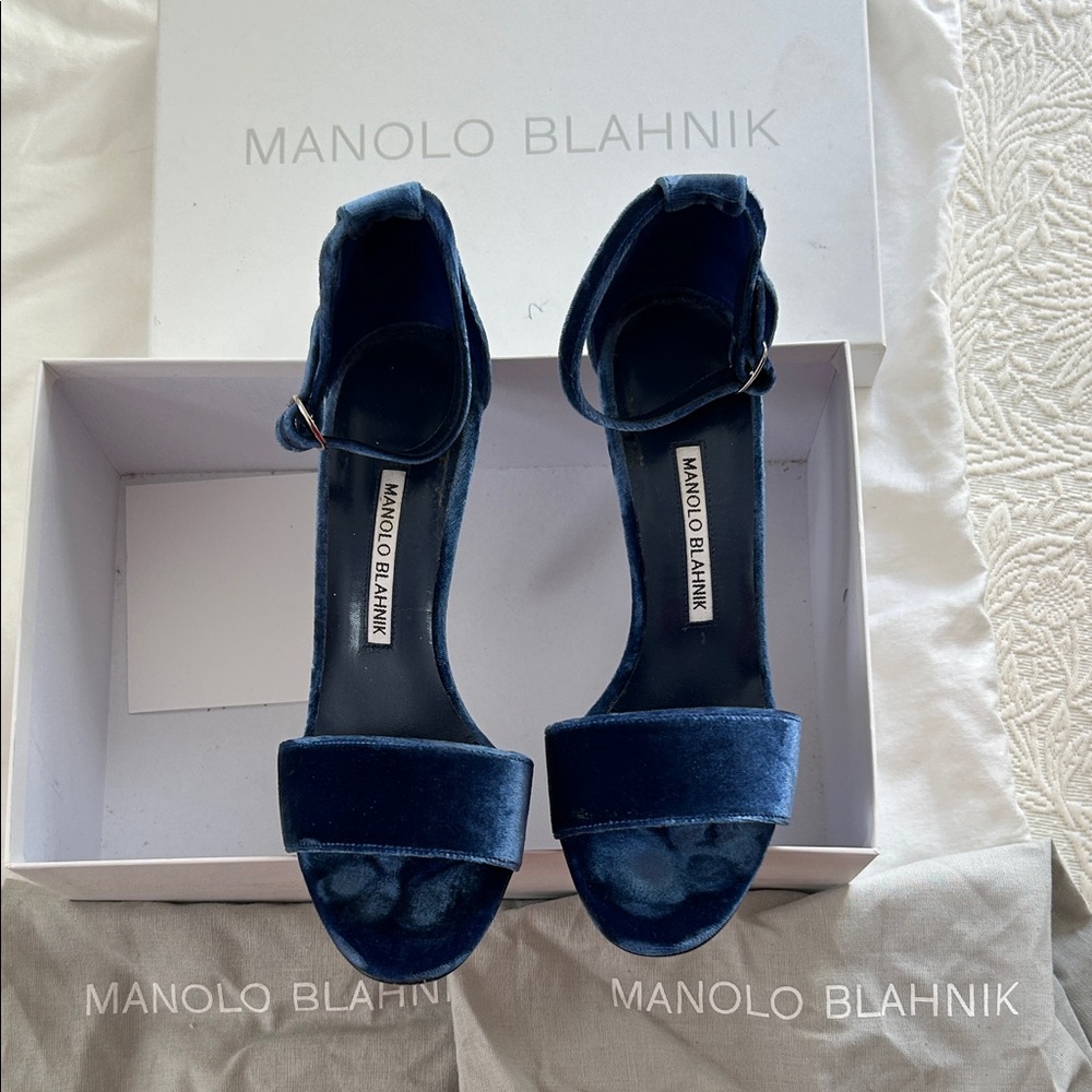 Manolo Blahnik Navy Blue Velvet Ankle-Strap Heels